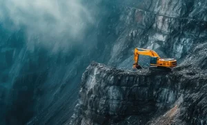 A heavy-duty yellow Chinese excavator working on a steep rocky cliff in an extreme mining environment.