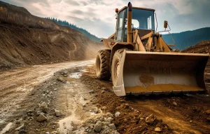 A heavy-duty Chinese wheel loader operating in a rugged dirt and mining environment.