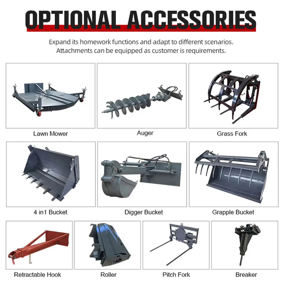XQ-TH 1430 Telescopic Handler Forklift 7 Selection of 10 optional attachments for XQ-TH 1430 telescopic handler, including lawn mower, auger, grass fork, 4-in-1 bucket, and hydraulic breaker to expand task versatility.