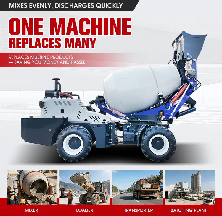 XQ Machinery self-loading concrete mixer demonstrating its 4-in-1 capability, effectively replacing a traditional mixer, wheel loader, transport truck, and stationary batching plant to save operational costs.