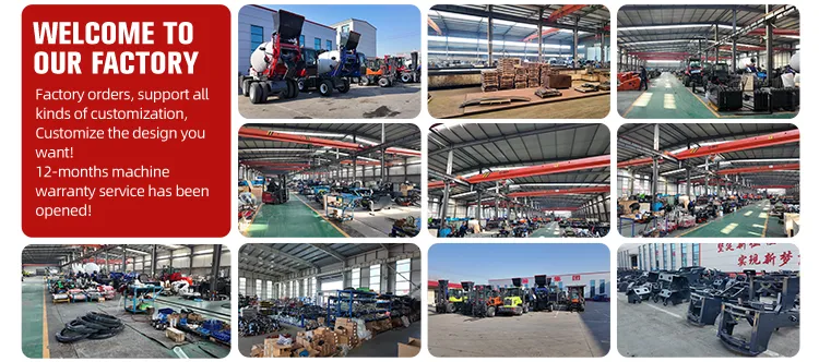 Collage of twelve photos showcasing the large-scale industrial manufacturing facility of XQ Machinery in Shandong, China. It includes detailed scenes of factory assembly lines, overhead cranes, manufacturing bays, heavy equipment (forklifts, mixers) assembly process, workers in action, and organized component storage. Visualizing production capacity and customization capabilities.