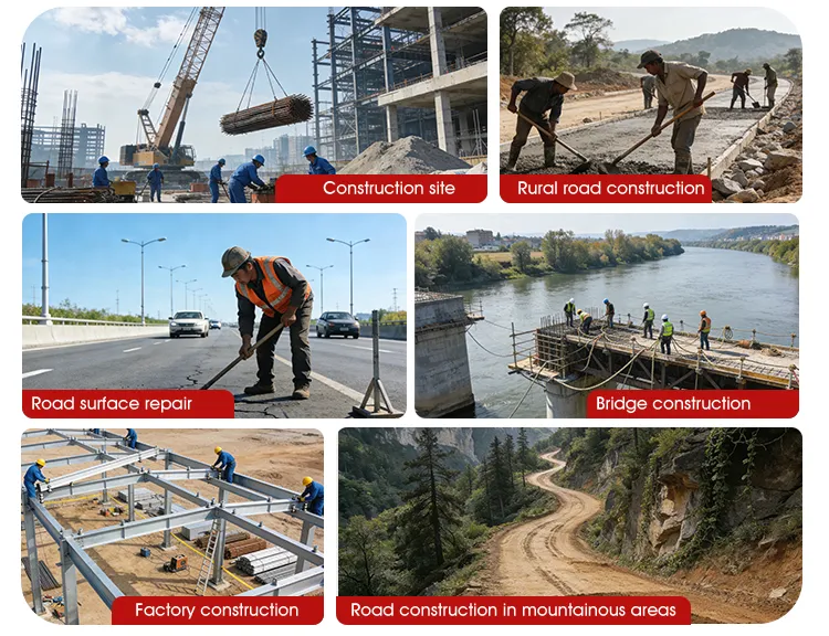 Collage showing diverse applications for XQ Machinery self-loading concrete mixers, including rural and mountainous road construction, bridge projects, and factory sites.