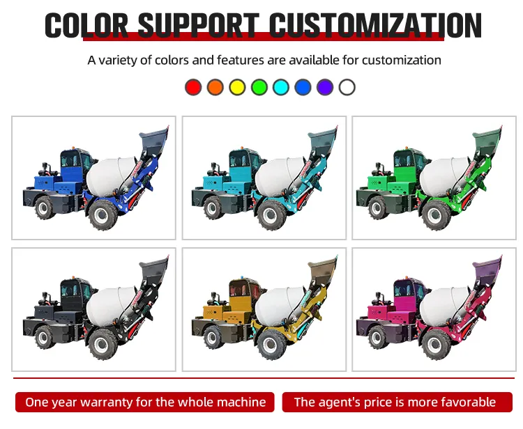 XQ Machinery self-loading concrete mixers available in various custom colors, showcasing our OEM and ODM manufacturing capabilities for global dealers and fleet owners.