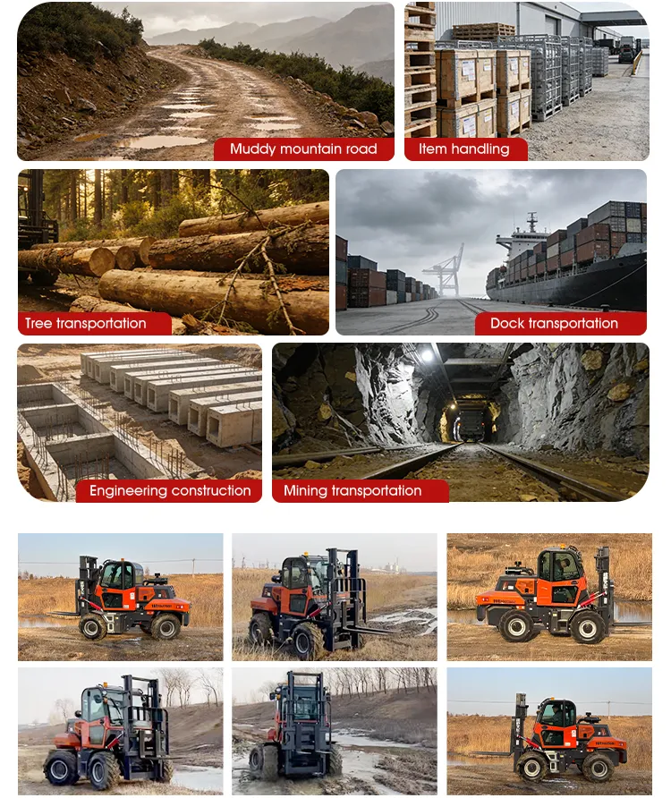 XQ-YC100 10 Ton 4WD Rough Terrain Forklift 11 Comprehensive application scenarios for XQ rough terrain forklifts, including muddy mountain roads, timber forestry, mining tunnels, infrastructure construction, and port docks. Bottom photos show actual operation in deep mud.
