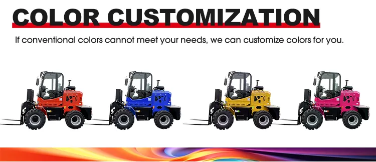 XQ-YC100 10 Ton 4WD Rough Terrain Forklift 6 Color customization options for XQ rough terrain forklifts, showing four machines in red, blue, yellow, and pink, highlighting flexible OEM branding services for global B2B fleets.