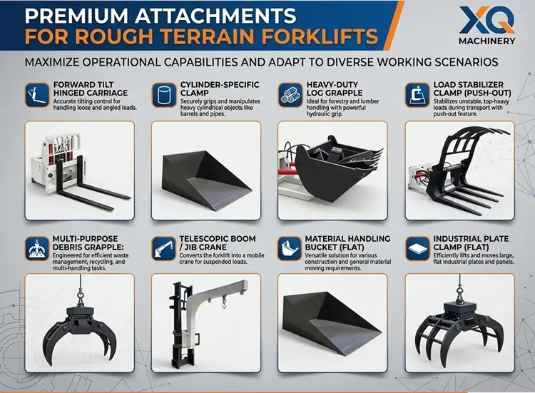 XQ-YC70 7 Ton 4WD Rough Terrain Forklift 5 Infographic catalog of premium optional attachments for XQ Machinery rough terrain forklifts, featuring 8 heavy-duty tools including log grapples, jib cranes, and material buckets for diverse industrial applications.