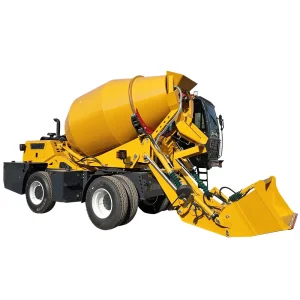 Side profile of the XQ-SM400 4.0m³ self-loading concrete mixer with yellow drum and chassis, featuring integrated loading bucket and 4WD agility for tough sites.