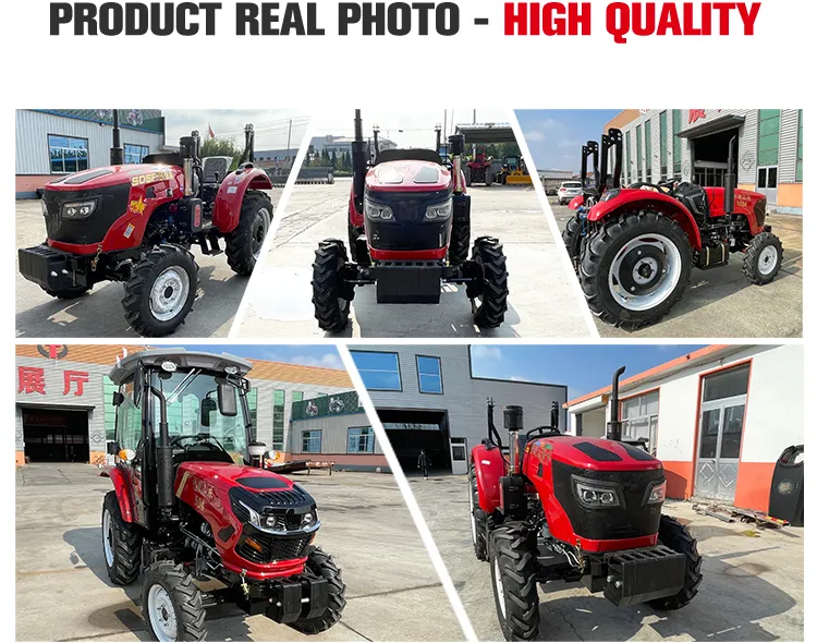 Real product photos of XQ-T1004 100HP 4WD farm tractor from multiple angles, showing red reinforced chassis and cabin at our Shandong factory.