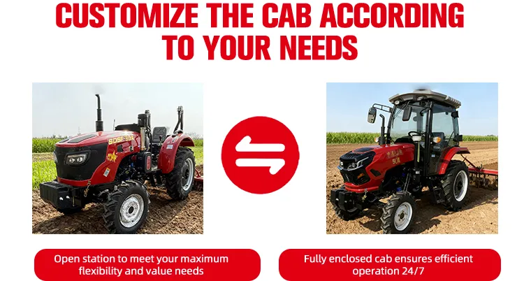 Customization options for XQ-T1004 100HP 4WD tractor comparing an open station for maximum flexibility and a fully enclosed cab for 24/7 efficient operation.