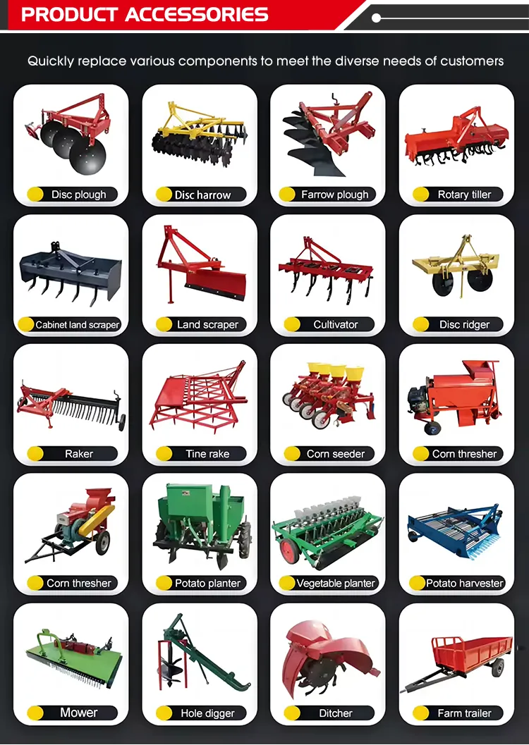 Comprehensive grid of 20 tractor accessories and implements for XQ-T1004, including disc plough, rotary tiller, corn seeder, potato harvester, and farm trailer for diverse agricultural needs.