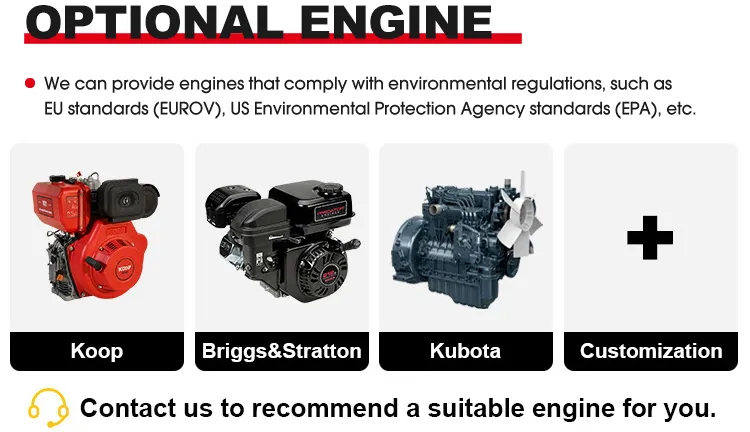 Optional engine configurations for XQ-T1004 100HP tractor featuring Koop, Briggs & Stratton, and Kubota brands meeting EU EUROV and US EPA emission standards.