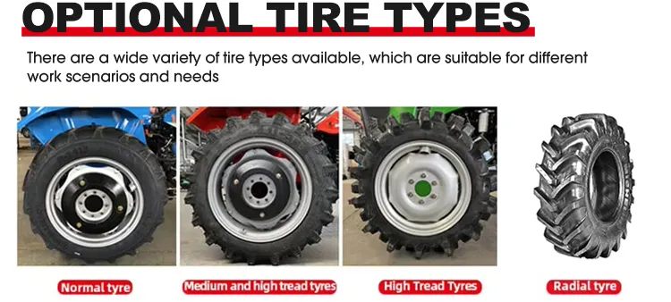 Optional tire types for XQ-T1004 100HP tractor including normal tires, high tread paddy tires, and radial tires for different agricultural work scenarios.