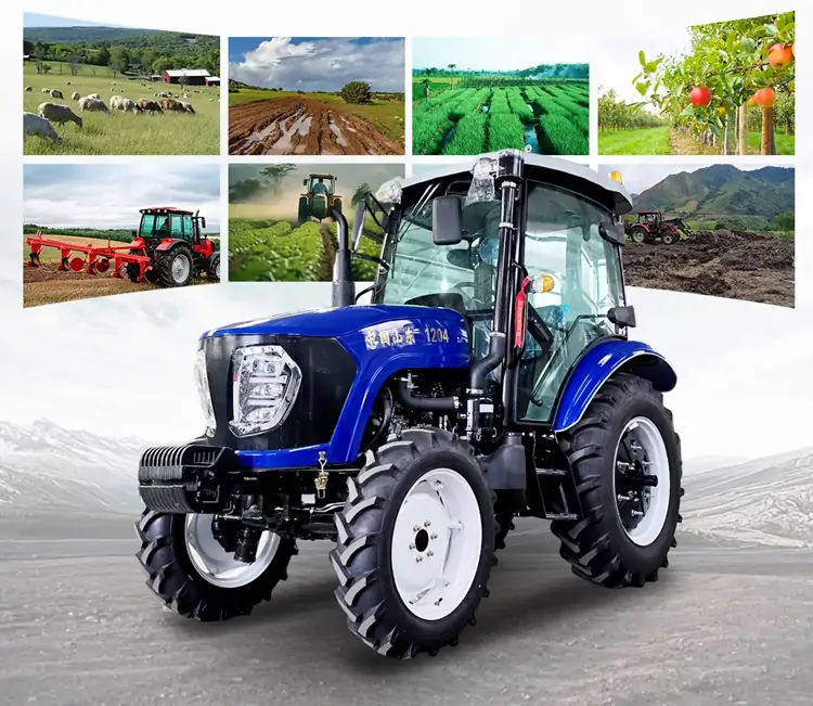 Blue XQ-T1204 120HP 4WD tractor surrounded by diverse application scenes including livestock farming, muddy terrain, rice paddies, orchards, heavy plowing, and construction engineering.