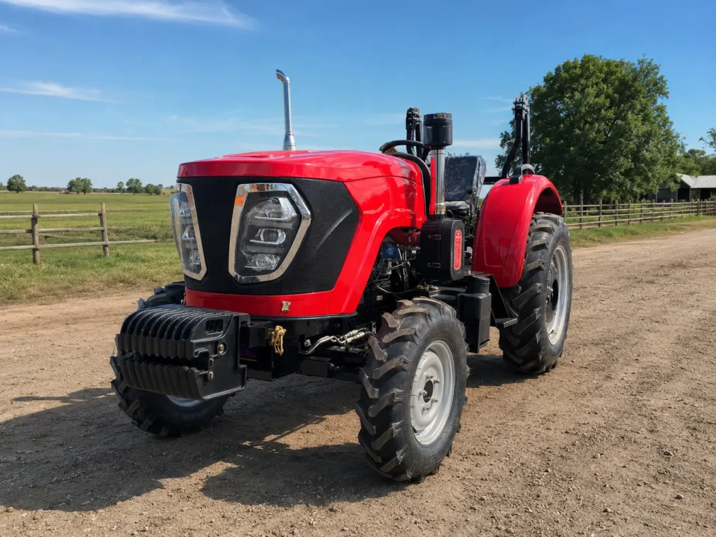 XQ-T904 90HP 4WD farm tractor working on a rural field road with heavy-duty tires, front counterweight and open operator platform