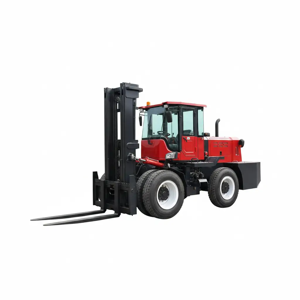 XQ-YC100 10 Ton 4WD Rough Terrain Forklift 1 XQ-YC100 10-ton 4WD rough terrain forklift featuring heavy-duty off-road tires, reinforced mast, and enclosed cabin for extreme industrial environments.