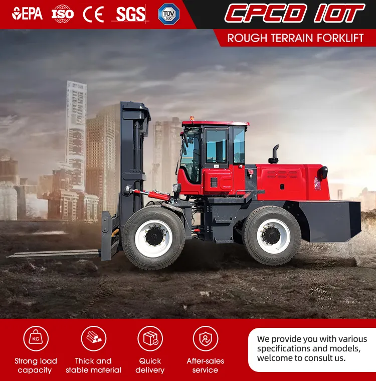 XQ-YC100 10 Ton 4WD Rough Terrain Forklift 9 XQ-YC100 10-ton rough terrain forklift in a construction site, featuring strong load capacity, reinforced frame, and EPA/CE certifications.