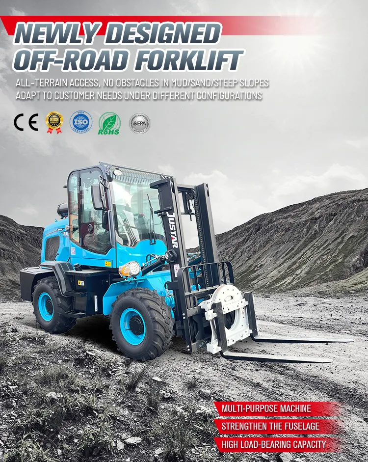 XQ-YC70 7 Ton 4WD Rough Terrain Forklift 2 Hero banner of the newly designed blue XQ off-road forklift operating on a rugged mountainous terrain. Showcasing all-terrain access, high load-bearing capacity, and international certifications including CE and EPA.