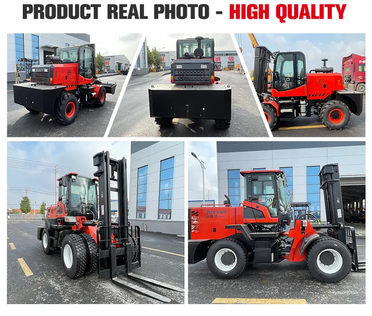 XQ-YC70 7 Ton 4WD Rough Terrain Forklift 3 Collage of real factory photos showing the red XQ-YC70 7-ton rough terrain forklift from multiple angles, highlighting its dual front tires, heavy-duty mast, and robust chassis.