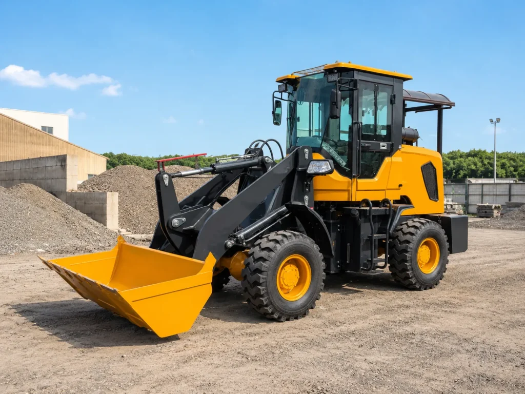 XQ-Z925 1.5 ton 4WD compact wheel loader working in an outdoor material yard with front bucket and enclosed cab