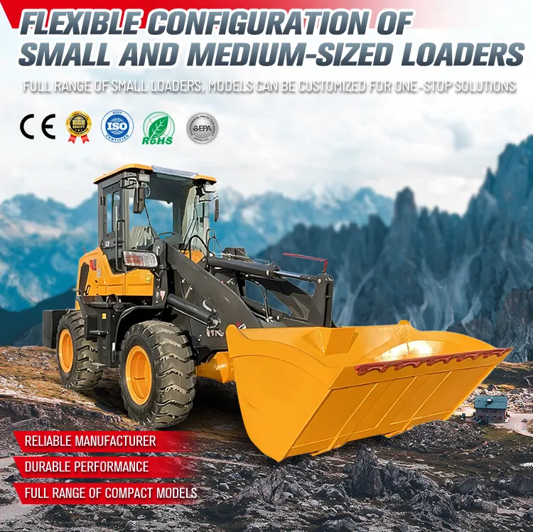 XQ-Z925 1.5 Ton 4WD Wheel Loader 2 Hero banner of yellow XQ-Z930 compact wheel loader in mountainous terrain, highlighting flexible configuration, durable performance, and CE, ISO, RoHS, EPA certifications for diverse industries.