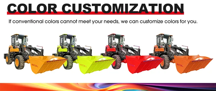 XQ-Z925 1.5 Ton 4WD Wheel Loader 7 Color customization options for XQ-Z930 wheel loaders, showing the machinery in yellow, green, red, and orange to match diverse OEM fleet branding needs.