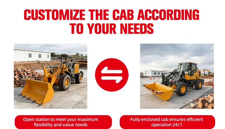 XQ-Z925 1.5 Ton 4WD Wheel Loader 4 Comparison of XQ-Z930 wheel loader cab options: an open canopy for maximum flexibility and a fully enclosed cabin ensuring 24/7 efficient all-weather operation.