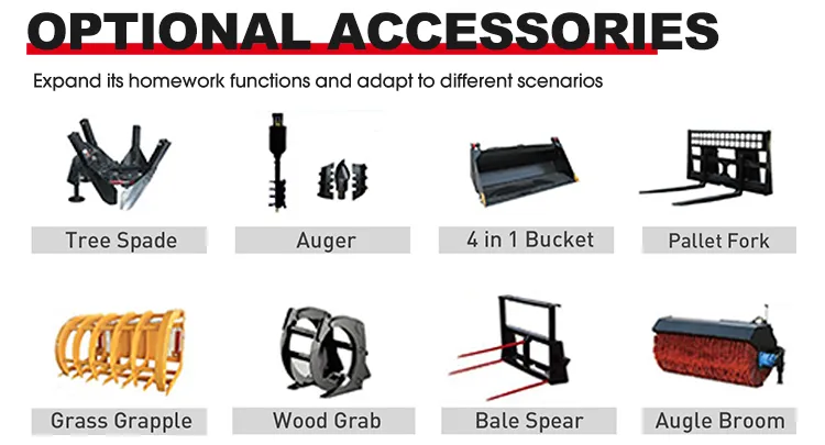 XQ-Z925 1.5 Ton 4WD Wheel Loader 6 Extensive range of optional attachments for XQ-Z930 wheel loaders, including 4-in-1 bucket, pallet fork, wood grab, and angle broom, designed to expand operational versatility across diverse scenarios.