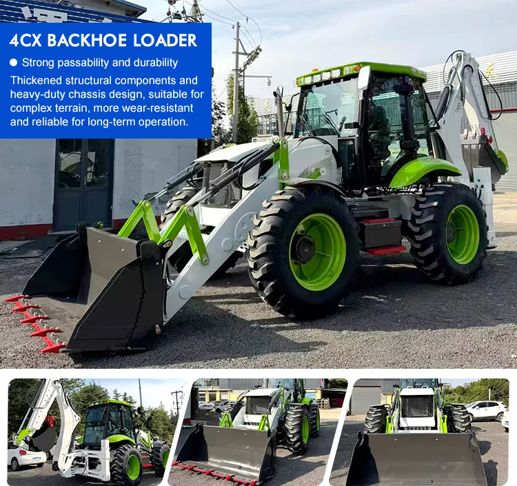 Custom-painted green and white XQ 4CX backhoe loader, featuring thickened structural components and a heavy-duty chassis design for complex terrain and long-term reliability.