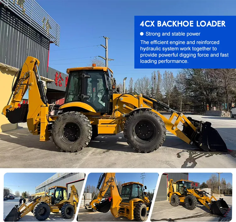 XQ 4CX heavy-duty backhoe loader featuring four equal-sized large tires for superior off-road performance, high-efficiency engine, and reinforced hydraulic system for powerful digging and loading.