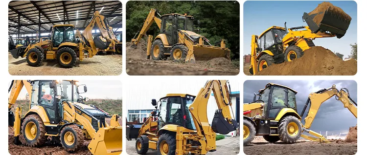 A collage of 6 images showing the XQ Backhoe Loader in diverse applications: factory stock, forestry work, earthmoving, mud terrain navigation, and infrastructure digging.
