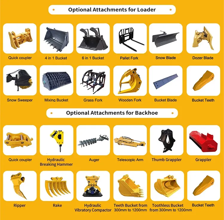 A comprehensive chart of optional attachments for XQ Backhoe Loaders, including 4-in-1 buckets, snow blades, hydraulic breaking hammers, augers, and rippers for various industrial tasks.