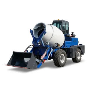 XQ-SM150 1.5m³ ultra-compact self-loading concrete mixer in blue, 4WD engineered for narrow alleys and residential construction sites.