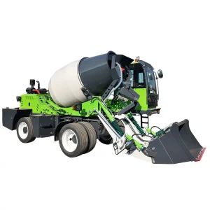 XQ-SM200 2.0m³ mobile self-loading concrete mixer in lime green, featuring 4WD agility and a compact 4-in-1 batching system for urban and rural construction.