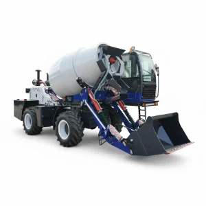 XQ-SM260 2.6m³ compact self-loading concrete mixer in blue and white, featuring 4WD agility and a 4-in-1 batching system for tight job sites.