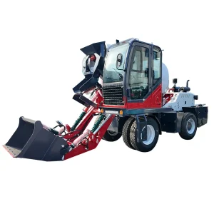 Side profile of the XQ-SM350 3.5m³ self-loading concrete mixer with red drum and chassis, featuring 4WD agility and technician-verified quality from our #2 modern workshop.