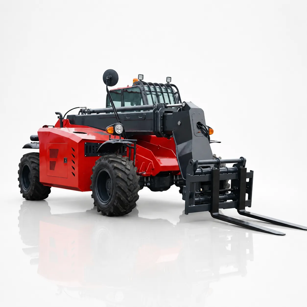 XQ-TH 735 Telescopic Handler Forklift 1 XQ-TH735 red telescopic handler forklift with fork attachment, enclosed cab, extended boom structure and off-road tires