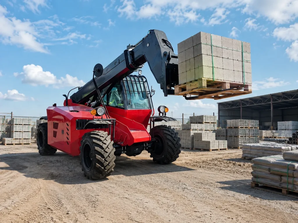 XQ-TH735 telescopic handler forklift lifting palletized concrete blocks with extended boom in an outdoor construction material yard