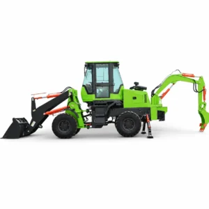 XQ-WZ932-30 4WD backhoe loader with front loader bucket, rear excavator arm, enclosed cab and off-road tires