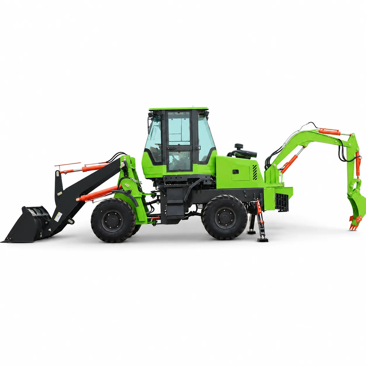 XQ-WZ932-30 4WD Backhoe Loader 1 XQ-WZ932-30 4WD backhoe loader with front loader bucket, rear excavator arm, enclosed cab and off-road tires