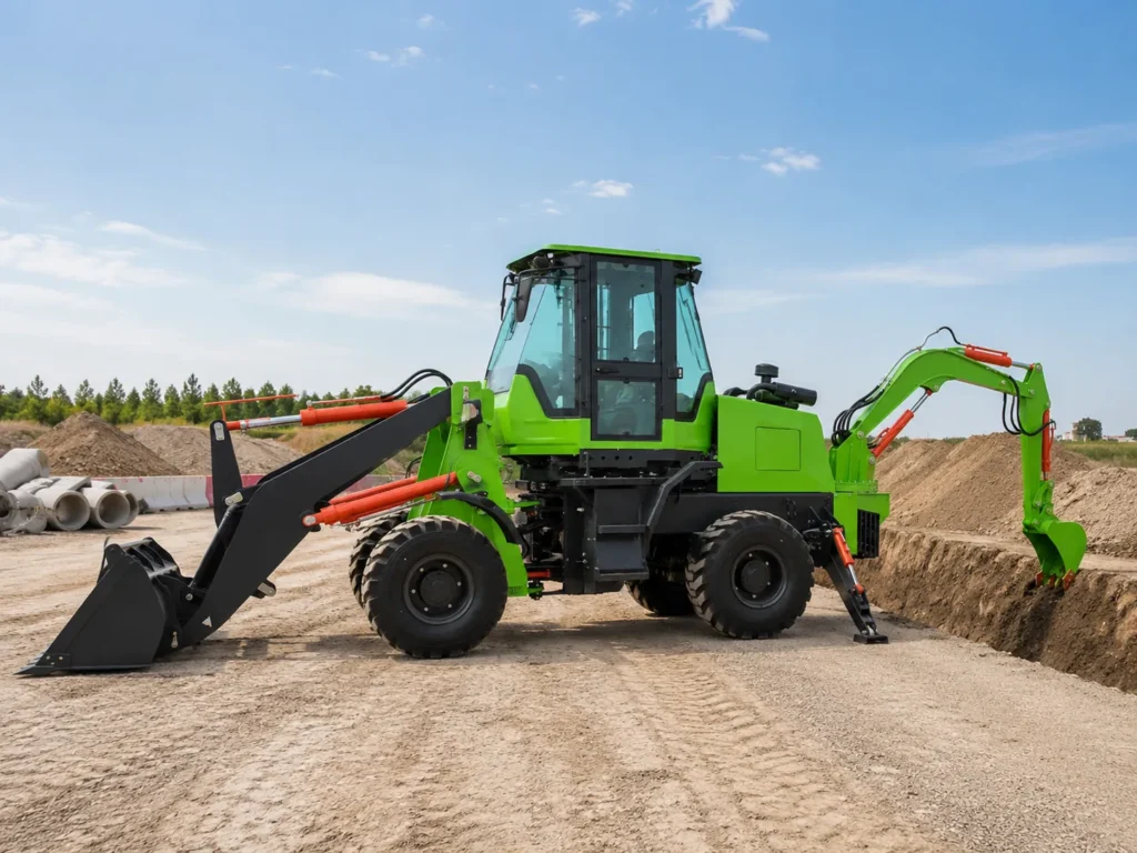 XQ-WZ932-30 4WD backhoe loader working on an outdoor construction site with front loader bucket, rear excavator arm and enclosed cab
