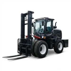 XQ-YC60 6-ton 4WD rough terrain forklift in black, featuring heavy-duty dual front tires and high-ground clearance for industrial logistics and mining sites.