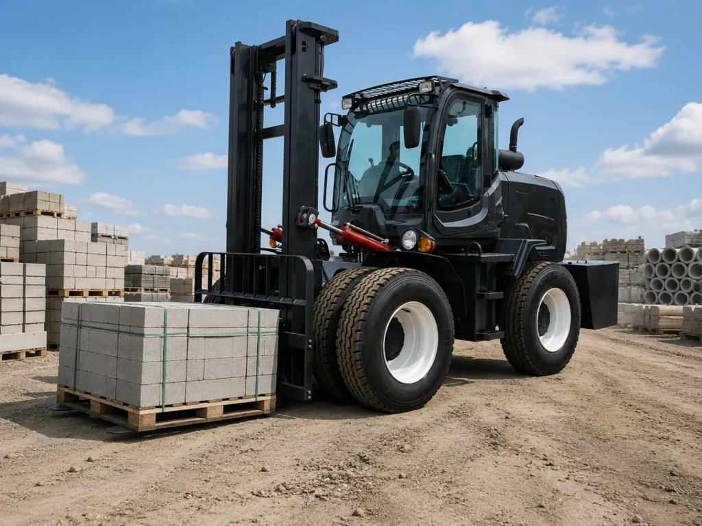 XQ-YC60 6 ton 4WD front articulated rough terrain forklift handling palletized concrete blocks on an outdoor construction material yard