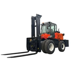 XQ-YC80 8-ton 4WD rough terrain forklift in orange, featuring heavy-duty chassis and deep-tread tires for mining and construction site logistics.