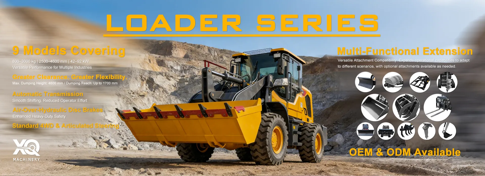 Self-loading concrete mixer product category banner for XQ Machinery