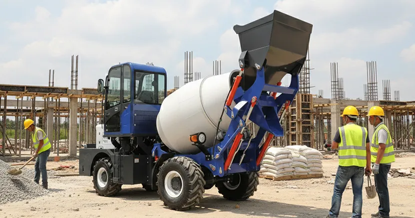 Self loading concrete mixer working on construction site for on-site concrete production