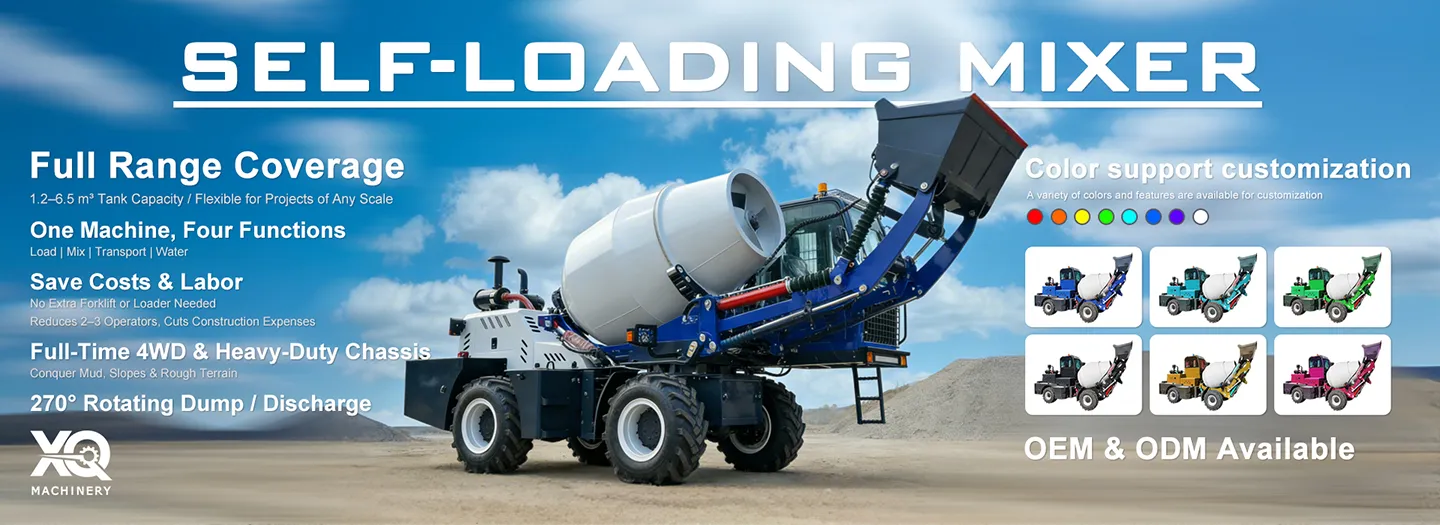 Self-loading concrete mixer product category banner for XQ Machinery