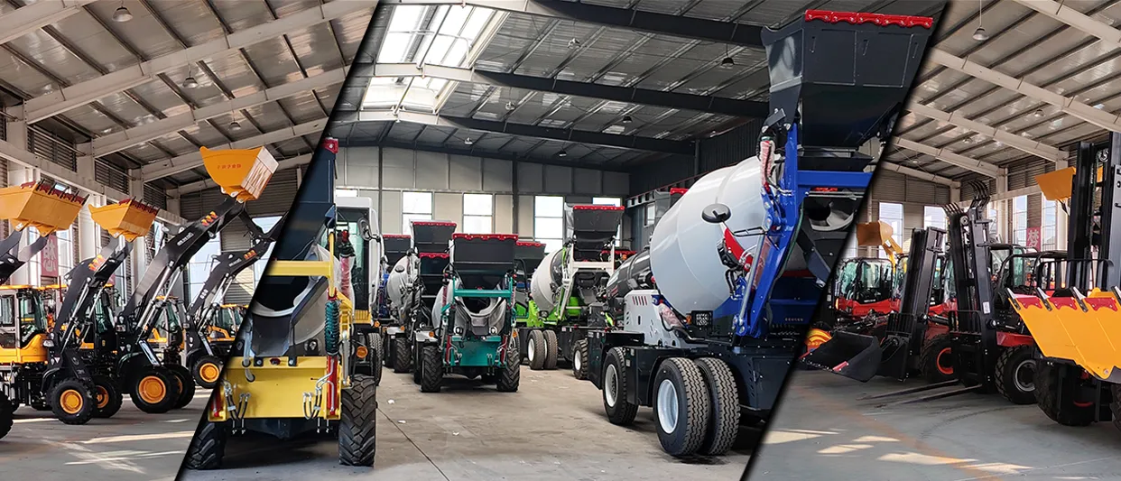 XQ Machinery factory warehouse with self-loading concrete mixers, wheel loaders, and forklifts ready for shipment