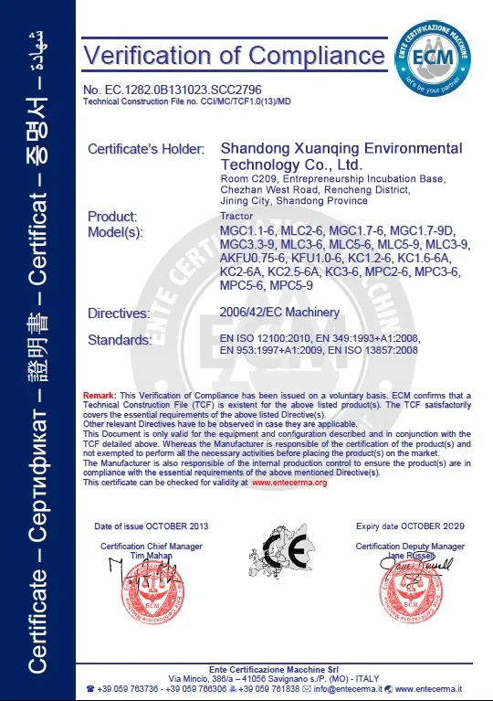 Verification of compliance certificate for XQ Machinery tractor models and export documentation