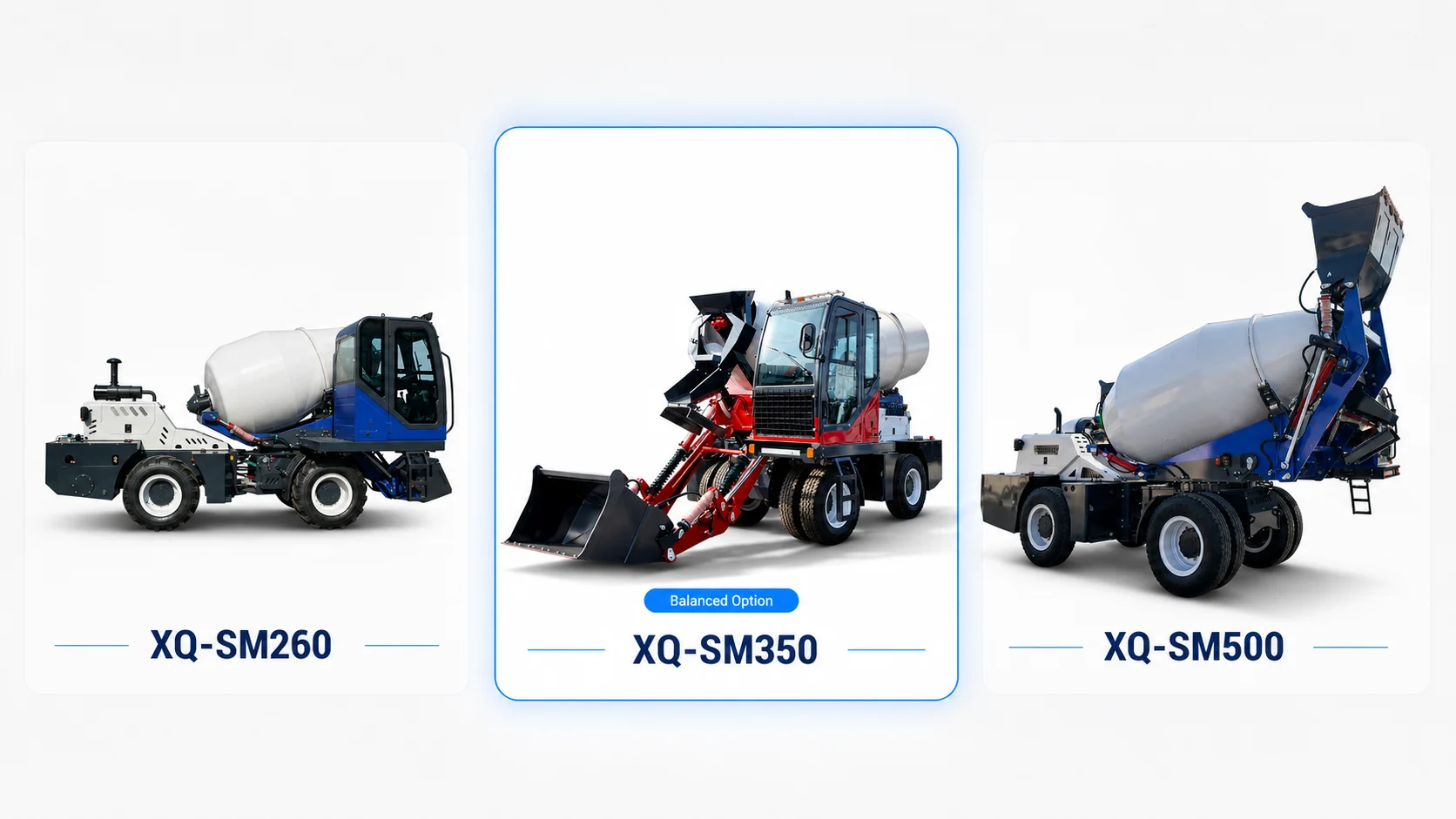 XQ SM260 SM350 and SM500 self loading concrete mixer models for price comparison