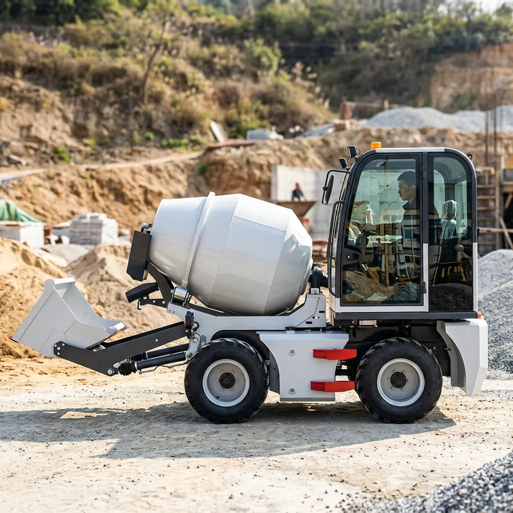 0.8m³ self-loading concrete mixer working on a construction site with automatic loading, mixing and transporting functions